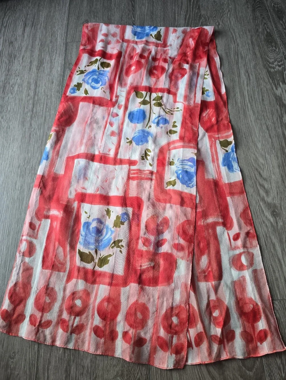 Sheer Chiffon Oblong Scarf Painterly Blue Rose Red Abstract Floral Wrap Long